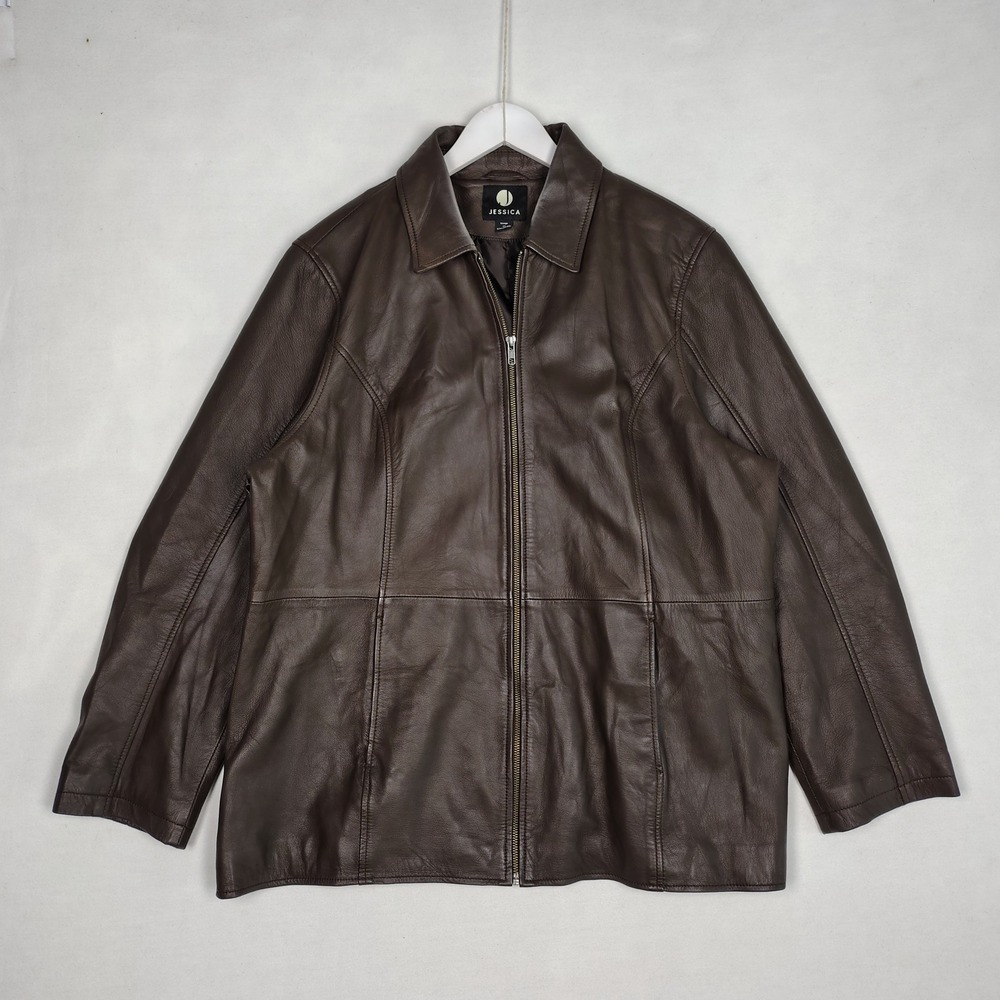 Jessica Womens 2X Brown Leather Full Zip Jacket Coat Plus Size 22W 43011